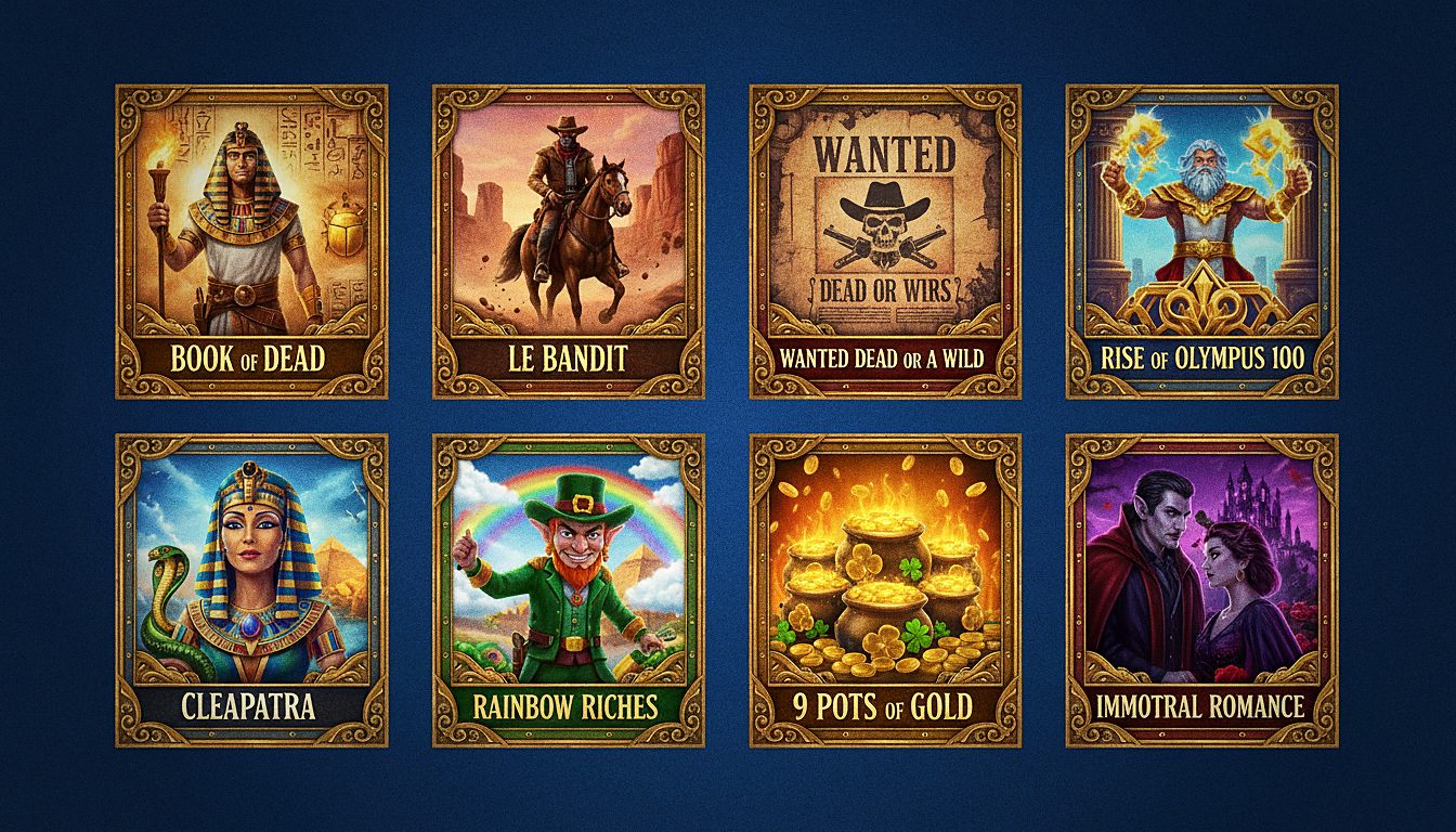 Catalogue de jeux Smash Casino : Book of Dead, Le Bandit, Wanted Dead or a Wild, Rise of Olympus 100, Cleopatra, Rainbow Riches, 9 Pots of Gold, Immortal Romance