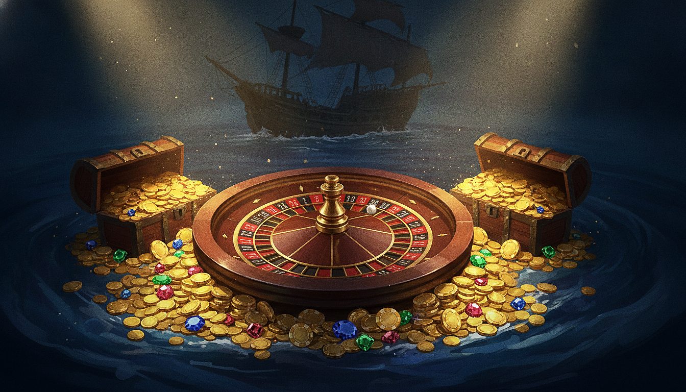 roulette wheel with gold chips, dramatic casino lighting